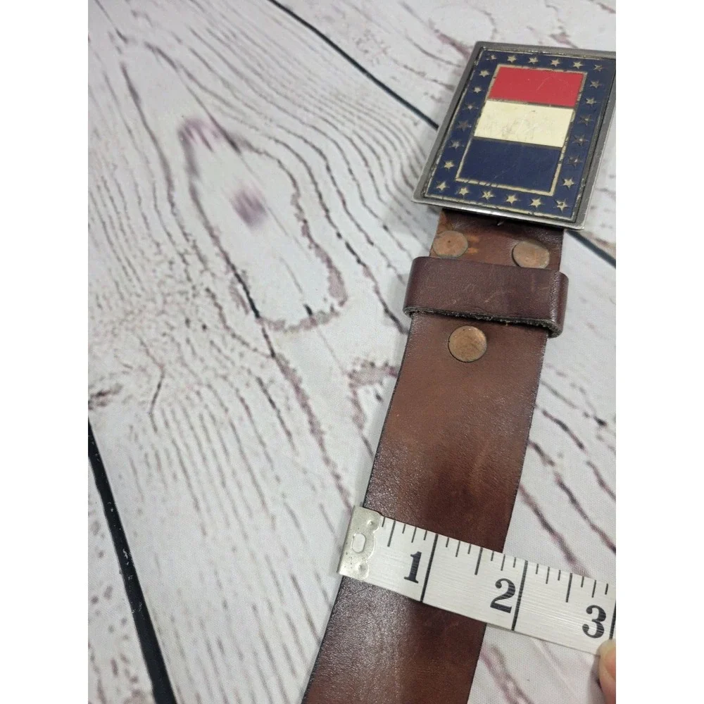 Leather Belt Vintage Americana Patriotic Flag Buckle Steerhide Brown 34